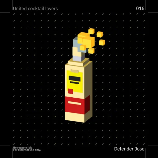 A tall yellow bottle artwork with the original dotted grid style.