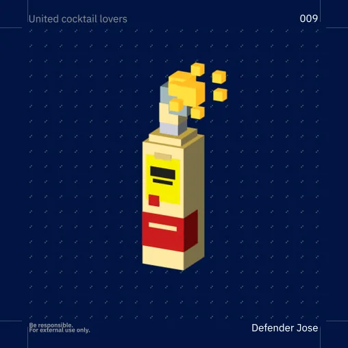 A blue edition cocktail artwork with the archive's pixel fire motif.